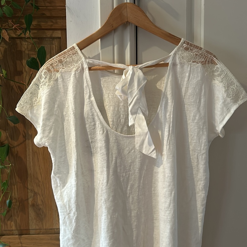 NWT Sezane Ecru Linen and Lace Short Sleeve Top - Picture 8 of 16